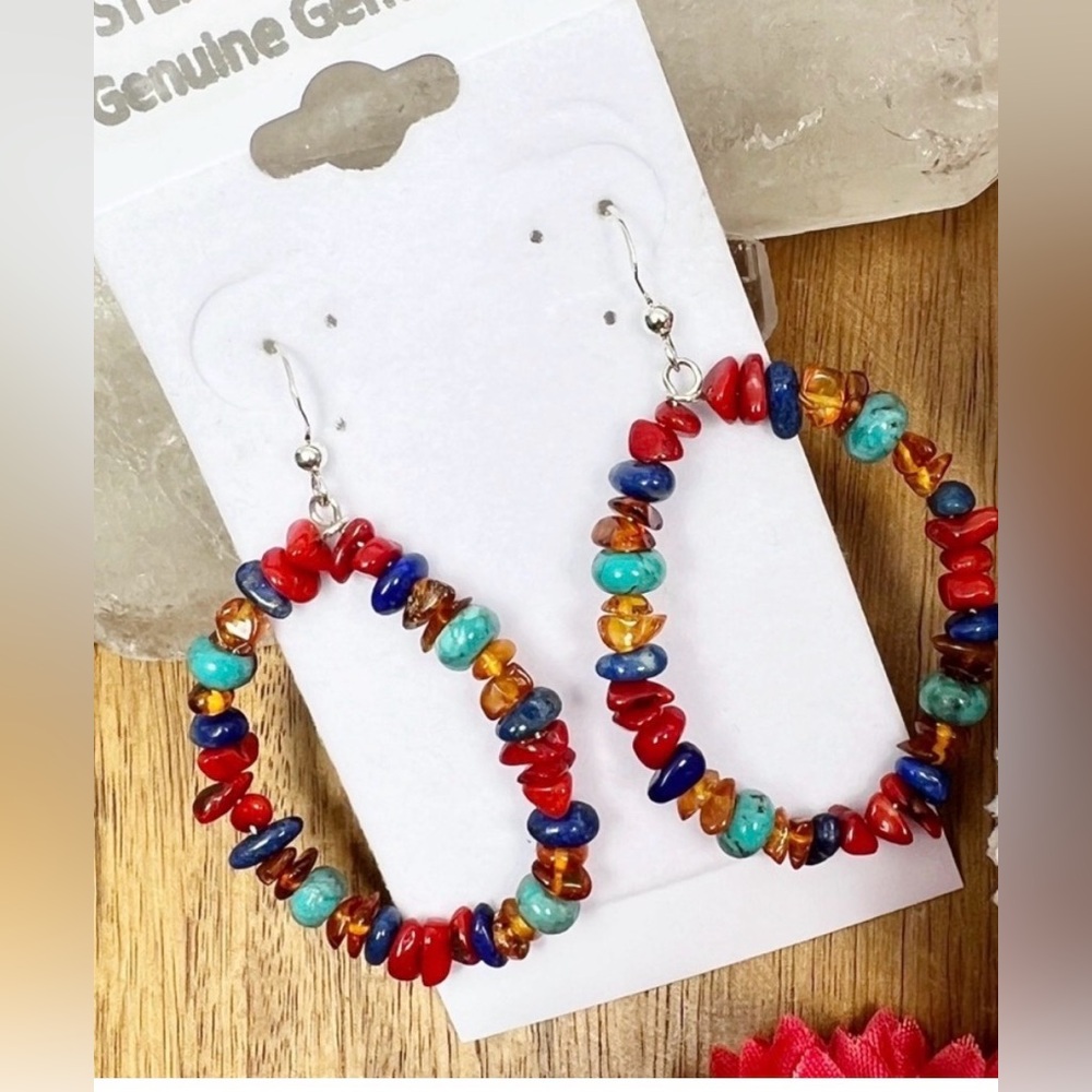 Turquoise, Amber, Coral, Lapis Lazuli Southwest Handmade 925 Hoop Bead Earrings